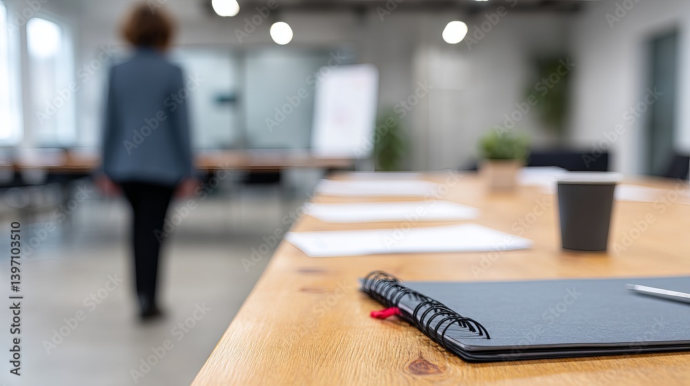 Manager Conducting Performance Review in Quiet Office Setting with Notepad and Coffee Cup