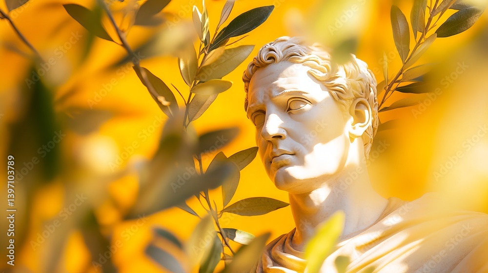 Hidden Roman Statue Tucked Away in Private Villa Surrounded by Lush Greenery and Bright Wall