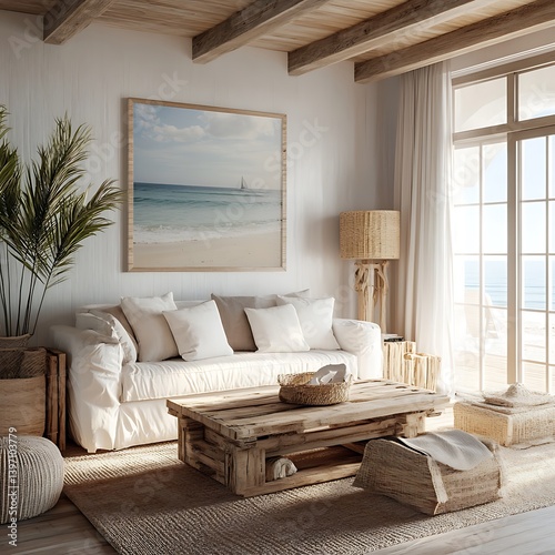 Natural toned modern living room with ocean backdrop