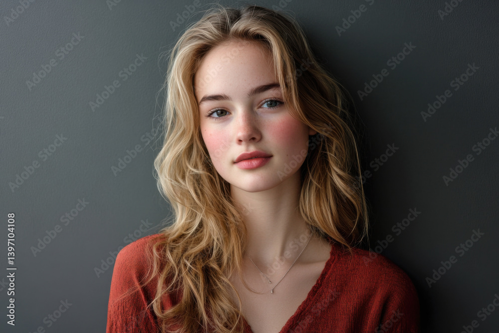 Portrait of a young woman with soft features and wavy hair against a dark background Portrait of a young woman with soft features and wavy hair against a dark background