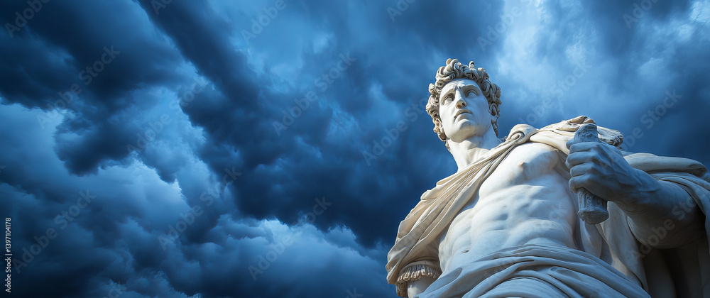 Dramatic Shot of Roman War God Statue Under Dark Stormy Sky