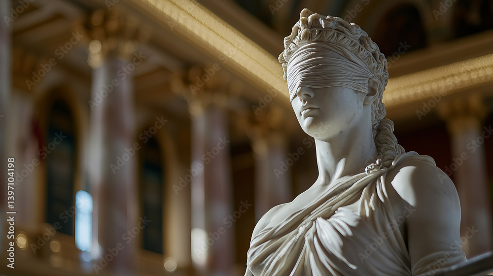 Impressive Roman Statue of Justice Blindfolded Surrounded by Elegant Marble Architecture