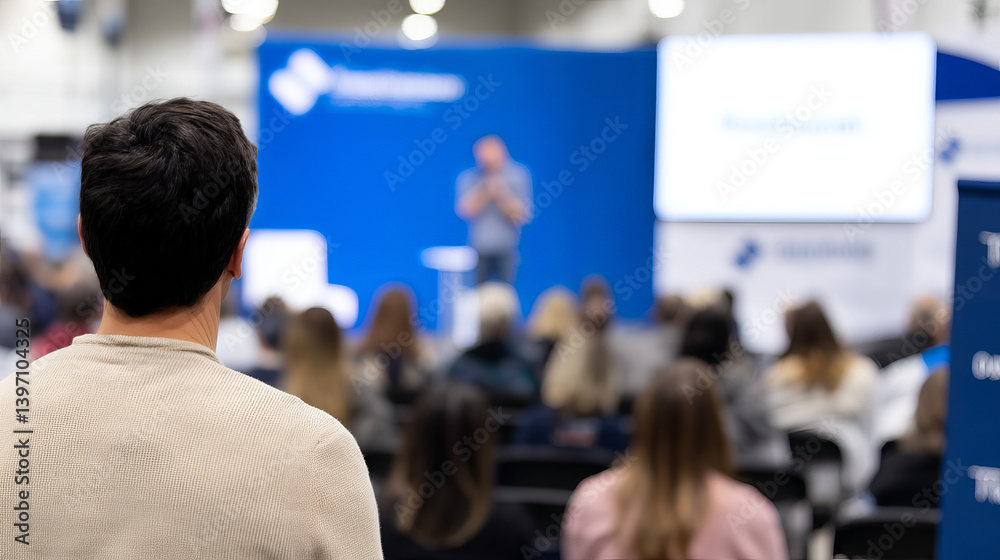 Fototapeta premium Confident Speaker Presenting to Engaged Audience at Professional Seminar in Modern Event Space