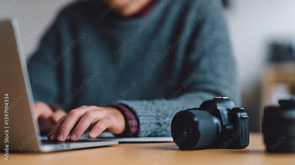 Professional Marketing Content Creation with Camera and Laptop for Social Media Editing