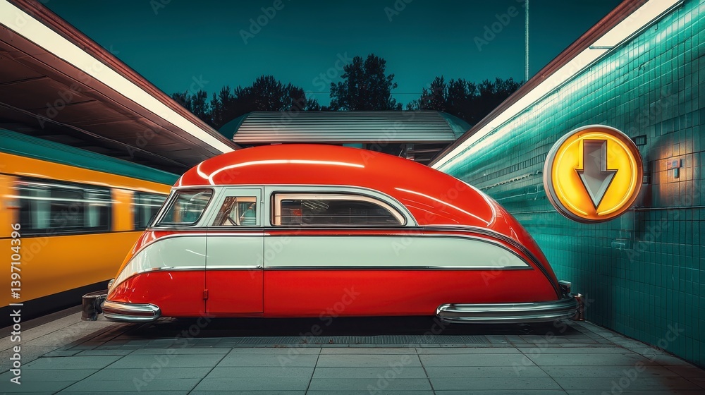 Obraz premium Retro Red and White Streamlined Car at Night Train Station Platform