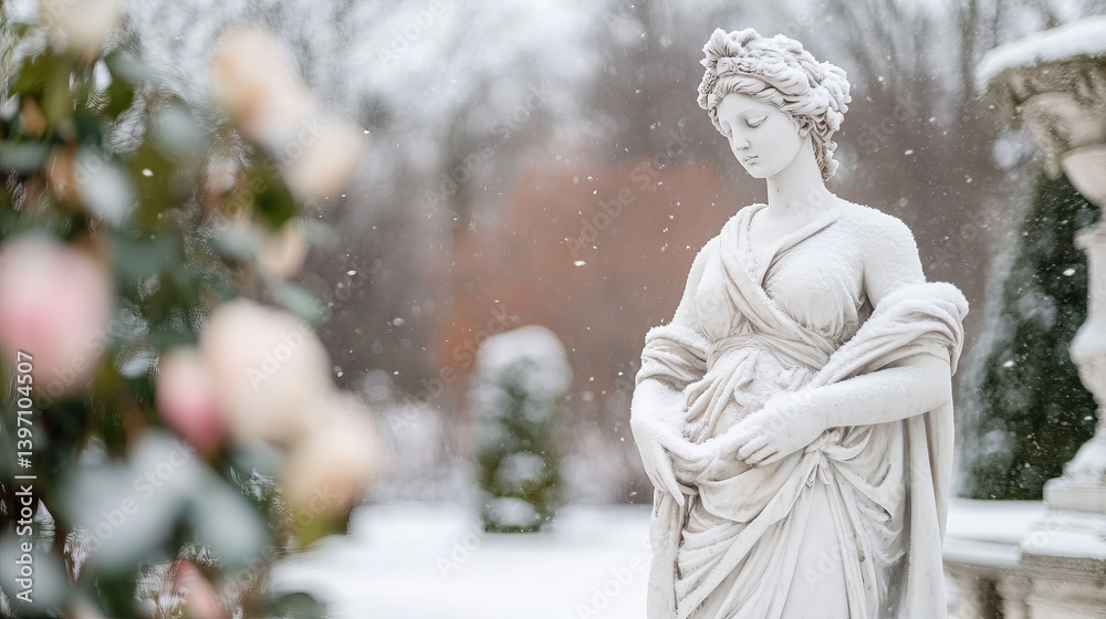 Elegant Goddess Statue Draped in Snowy Winter Garden Surrounded by Fading Blooms
