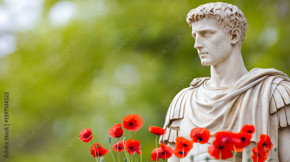 Statue of a Roman Hero Surrounded by Poppies on a Battlefield Memorial Site