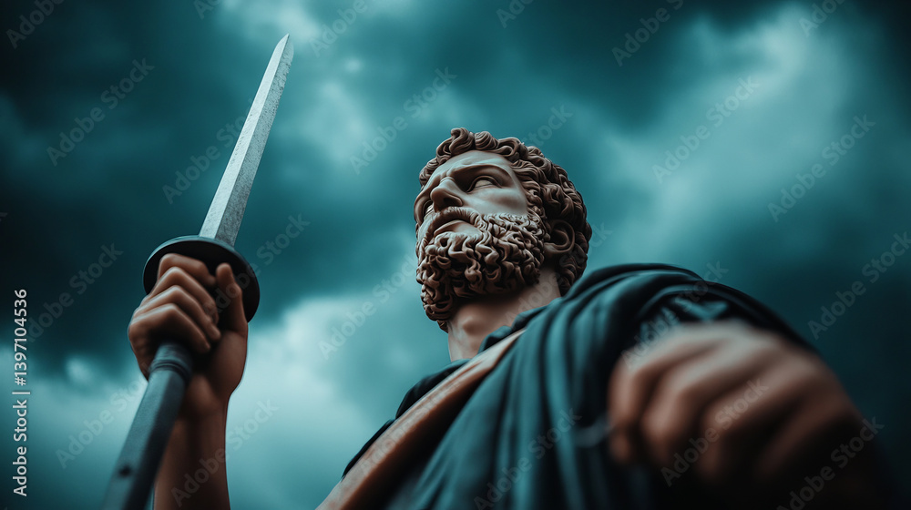 Dramatic Shot of a Roman War God Statue Against a Stormy Sky