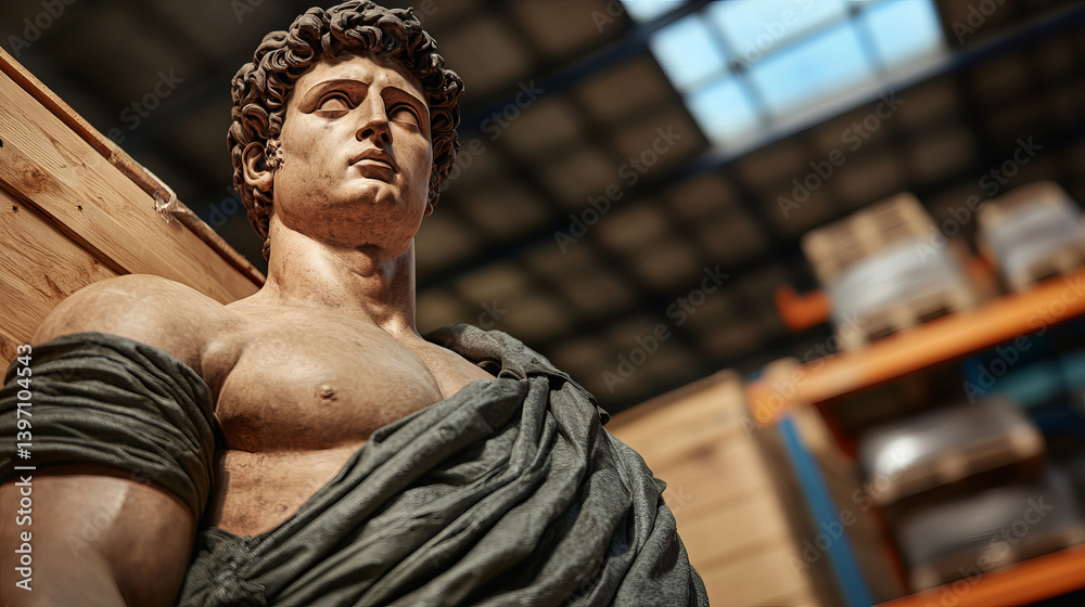 Roman Statue Wrapped in Protective Cloth for Safe Shipping Preparation in Storage Facility