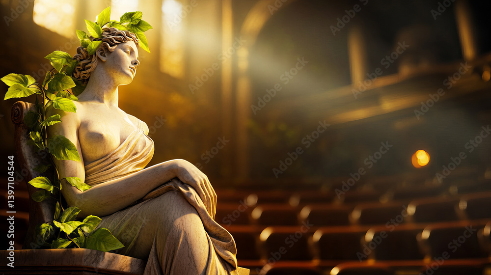 Statue of a Tragic Muse Weeping in a Forgotten Theater with Natural Elements Surrounding It