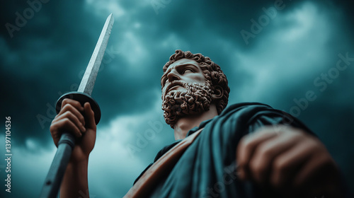 Obraz na płótnie Dramatic Shot of a Roman War God Statue Against a Stormy Sky w salonie