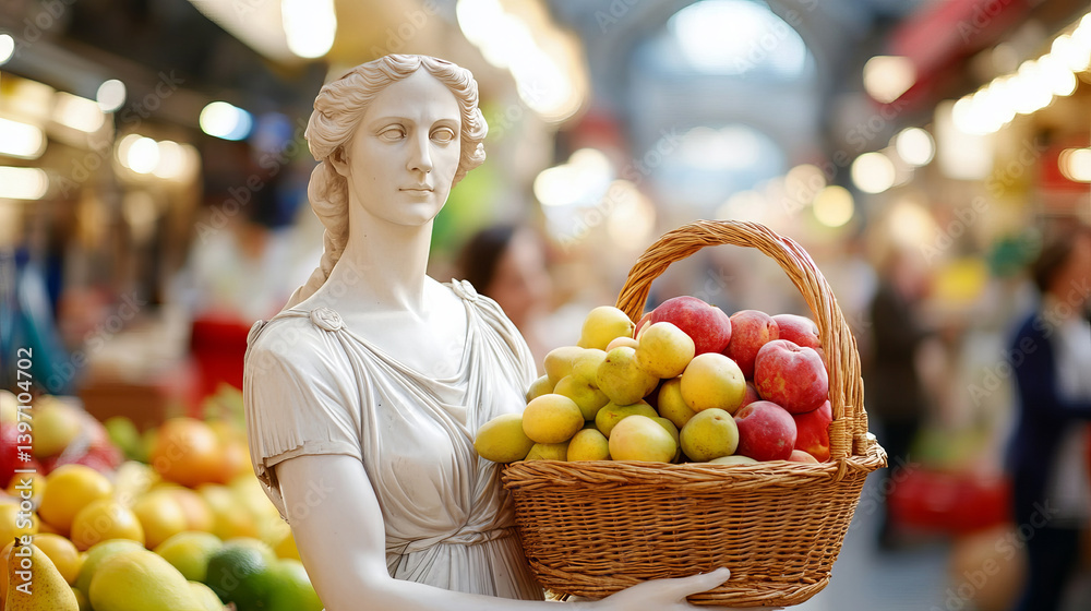 Roman Matron Statue Holding a Stone Fruit Basket in a Vibrant Marketplace Setting