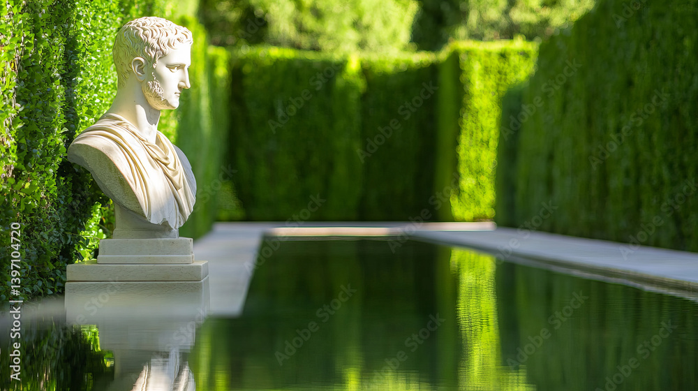 Serene Reflection of a Roman Statue Beside a Still Pool in a Verdant Garden Landscape