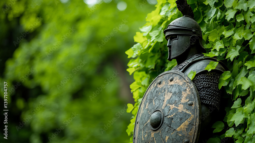 Ancient Roman Soldier Statue Surrounded by Lush Greenery in a Historic Setting
