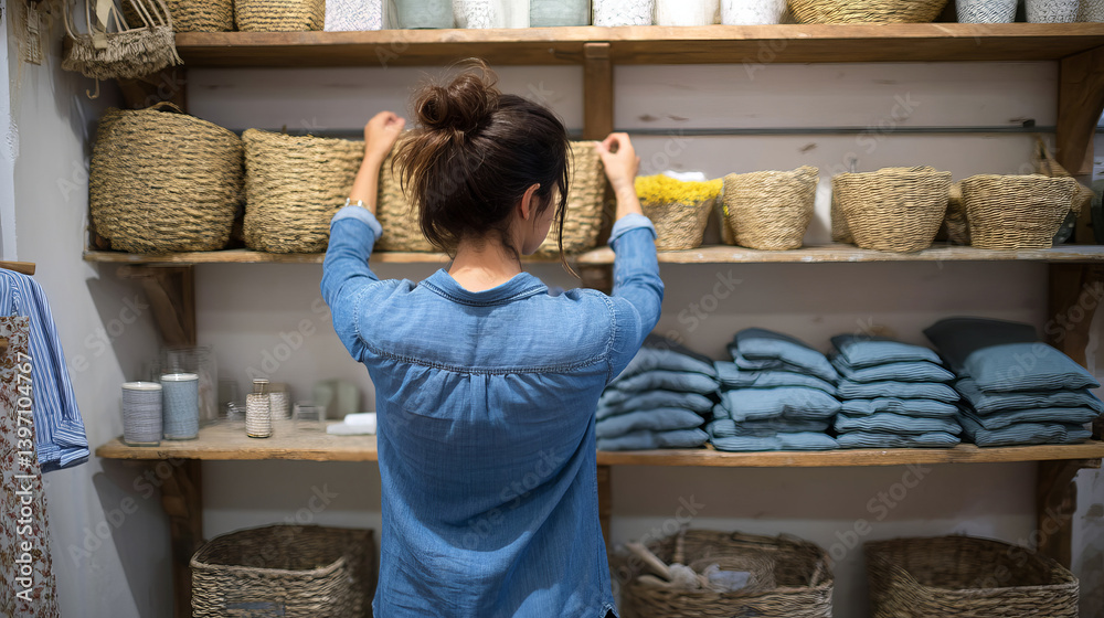 Small Business Owner Arranging Products on Shelves for an Inviting Display in a Cozy Store