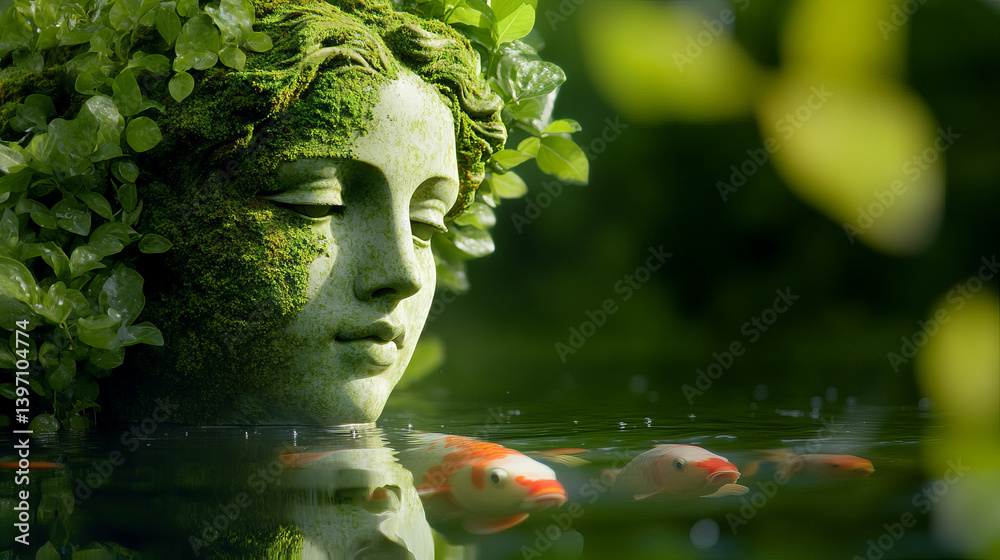 Mystical Venus Statue Covered in Moss Emerges from Misty Water Surrounded by Graceful Fish