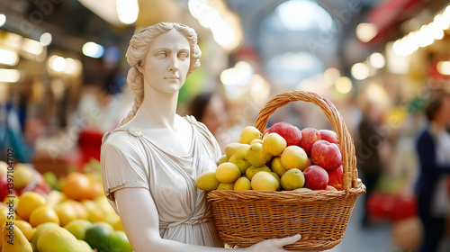 Obraz na płótnie Roman Matron Statue Holding a Stone Fruit Basket in a Vibrant Marketplace Setting w salonie