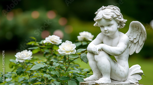 Obraz na płótnie Playful Marble Statue of Cupid Hiding Behind Blooming Roses in a Serene Garden Setting w salonie