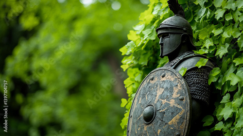 Obraz na płótnie Ancient Roman Soldier Statue Surrounded by Lush Greenery in a Historic Setting w salonie