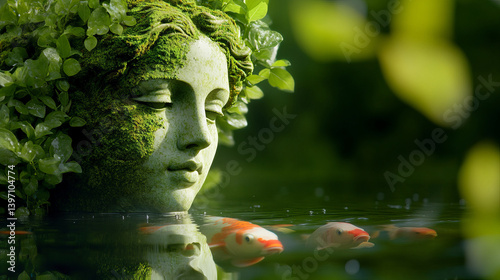 Obraz na płótnie Mystical Venus Statue Covered in Moss Emerges from Misty Water Surrounded by Graceful Fish w salonie