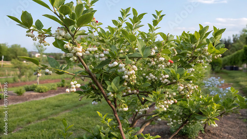 Closeup of Duke variety blueberry bushes loaded with large ripe blueberries on a u-pick farm on a sunny summer day, nutritious organic fruit, part of heathy lifestyle and diet 
