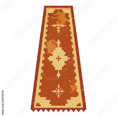 An old rug featuring a vibrant, intricate design with various colors and patterns.