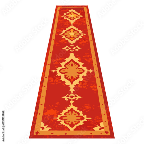An old rug featuring a vibrant, intricate design with various colors and patterns.