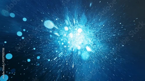 Abstract blue explosion of light and particles creating a vibrant cosmic effect in a dark space