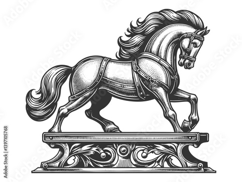 horse statue with ornate base and classic saddle harness detailing sketch engraving generative ai vector illustration. Scratch board imitation. Black and white image.