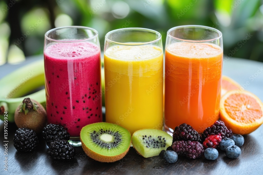 Three glasses hold colorful smoothie and fresh fruit on wooden surface. Use for healthy recipes, detox diets, or to show natural food options. Three glasses hold colorful smoothie and fresh fruit on wooden surface. Use for healthy recipes, detox diets, or to show natural food options.