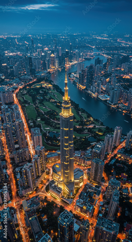 Naklejka premium Skyline Symphony: Guangzhou's ZTG Tower, River Lights, Urban Glow at Dusk, China's Architectural Marvel, Skyscrapers & Modern Cityscape