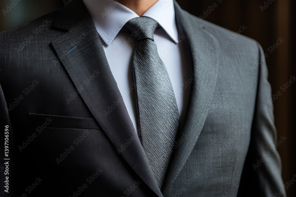 Elegant dark suit and tie worn by a man, indoor setting with soft lighting Elegant dark suit and tie worn by a man, indoor setting with soft lighting