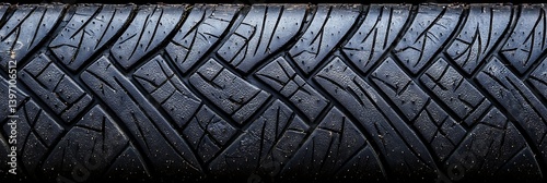 A close-up of a textured tire tread showcasing intricate patterns and grooves, emphasizing wear and grip on various surfaces. photo