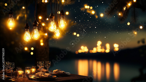 Digital painting of a luxurious outdoor dinner setup under glowing string lights with a scenic night view