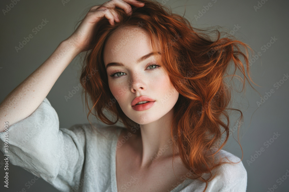 Fototapeta premium Beautiful woman with wavy red hair posing against a neutral background in a soft sweater