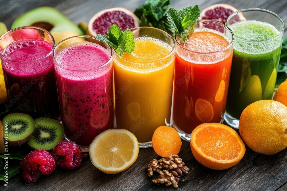 Colorful fruit smoothies with mint garnish and fresh fruit around the glasses. Showcase a healthy lifestyle and vibrant diet by using this image. Colorful fruit smoothies with mint garnish and fresh fruit around the glasses. Showcase a healthy lifestyle and vibrant diet by using this image.