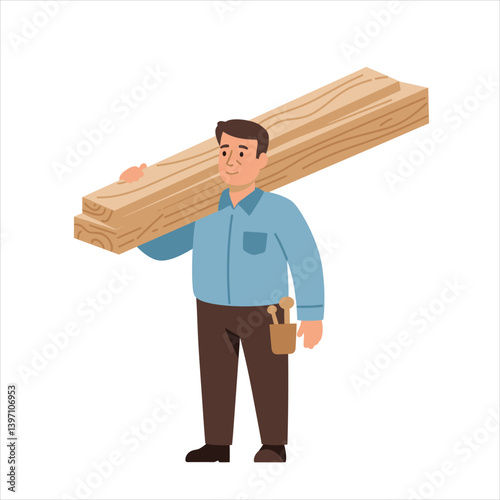 Carpenter character man carrying stack of wood planks or lumber on shoulder, flat vector illustration isolated on white