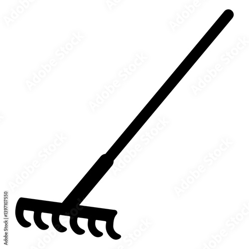 Garden rake. Silhouette. Black tool for leveling the ground, removing weeds with a long straight handle. Vector illustration. Isolated on white background. Idea for web design.