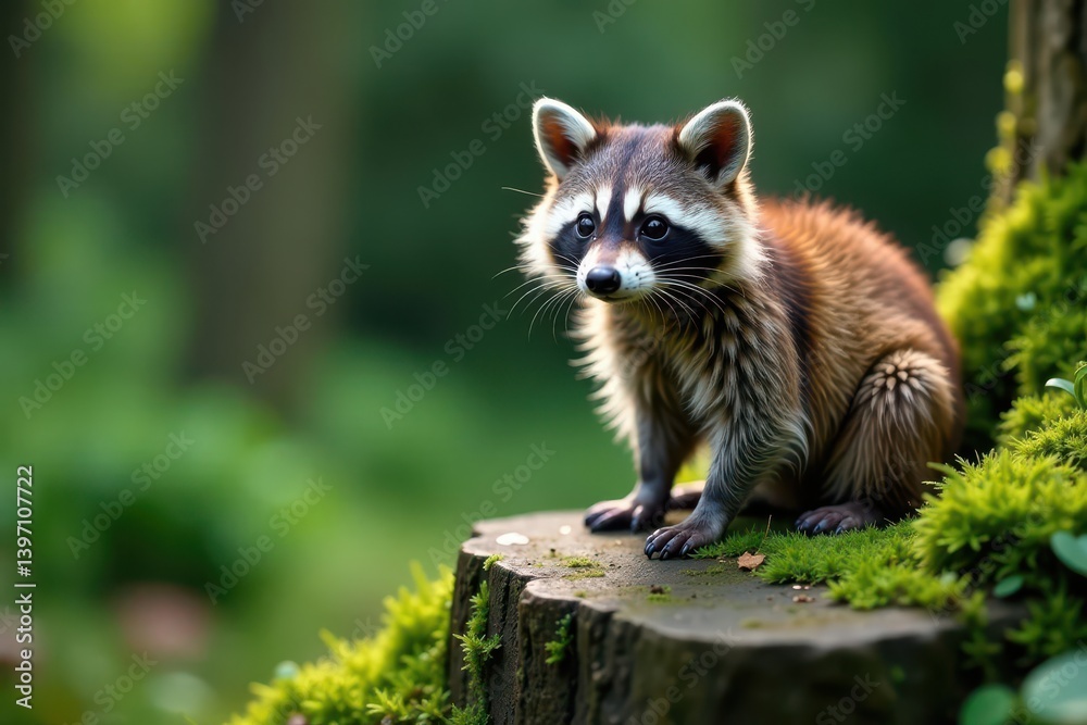 A fluffy raccoon perched on a mossy forest rock , mammal, wildlife A fluffy raccoon perched on a mossy forest rock , mammal, wildlife