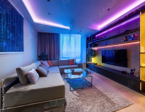 Modern living room with led strip lights Contemporary house interior with comfortable sofa