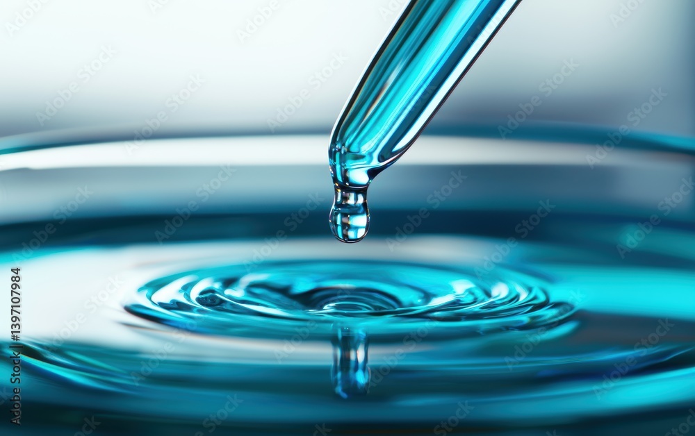 Scientific analysis concept featuring a detailed close-up of a blue viscous liquid in a petri dish, highlighting molecular reactions and chemical properties., copy space for text Scientific analysis concept featuring a detailed close-up of a blue viscous liquid in a petri dish, highlighting molecular reactions and chemical properties., copy space for text