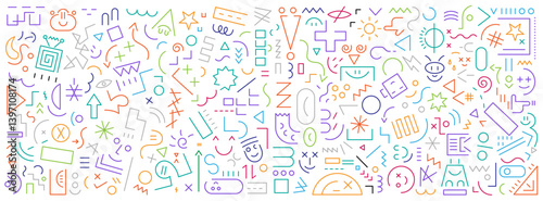  Faces of kids robots video game signs and symbols geometric flat line shapes abstract vector background 