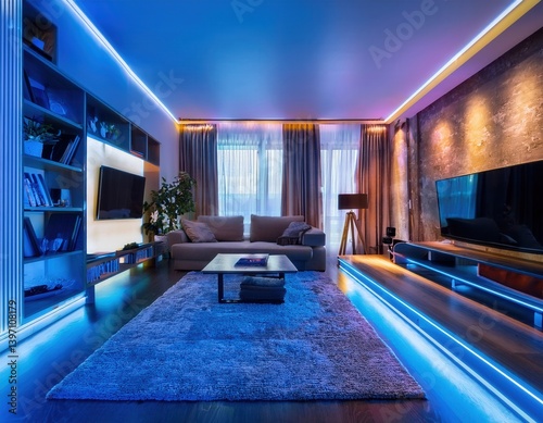 Modern living room with led strip lights Contemporary house interior with comfortable sofa