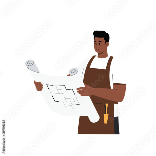 Architect or builder character reading blueprint, construction engineer planning project flat vector illustration isolated