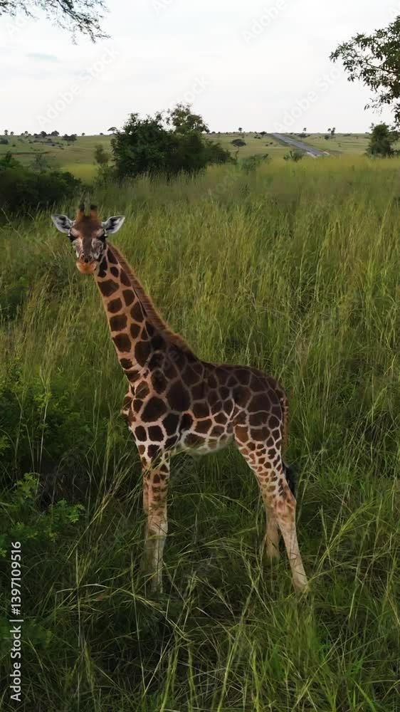 Vertical drone shot close to a Giraffe watching the camera, standing in savannah Vertical drone shot close to a Giraffe watching the camera, standing in savannah