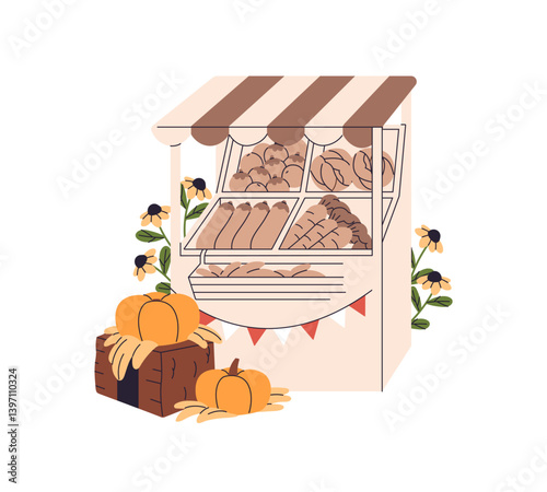 Wooden stall to sell farm food, fresh vegetables, fruits on fair. Farmer counter to sale autumn harvest, garden crop on local market, rural marketplace. Flat isolated vector illustration on white