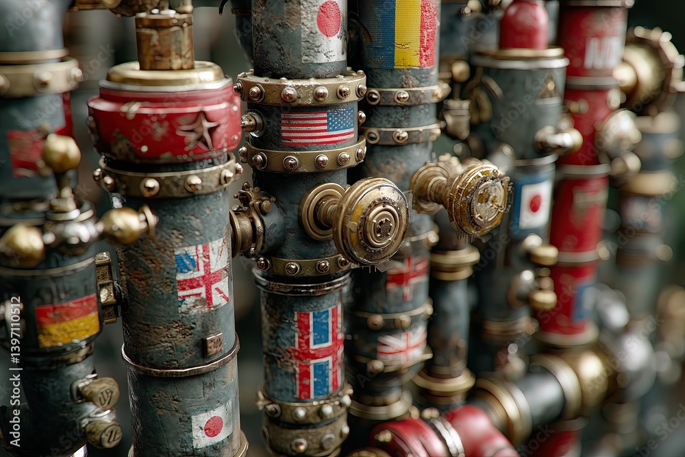 An abstract concept of import duties tax illustration A machine with infinite pipes and valves labeled with various country flags, with duty invoices flowing through like liquid An abstract concept of import duties tax illustration A machine with infinite pipes and valves labeled with various country flags, with duty invoices flowing through like liquid