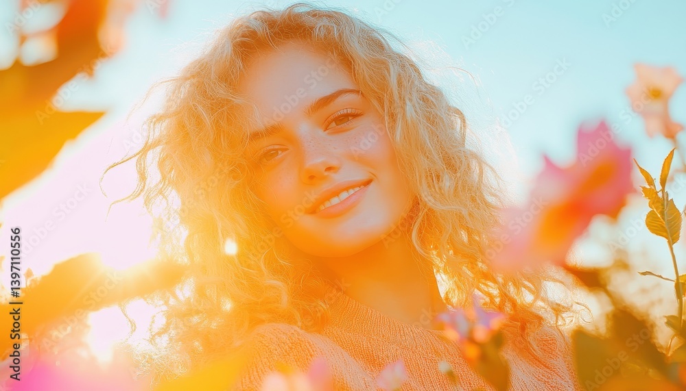 Fototapeta premium Dreamy Pixelated Portrait Of Young Woman Surrounded By Flowers With Curly Blonde Hair And Warm Sunlight With Artistic Flair