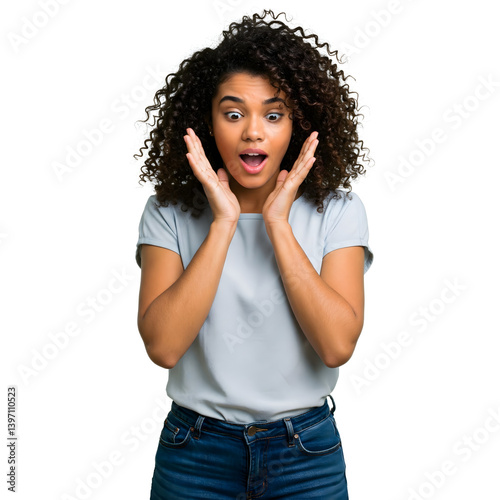 Girl looking at something with a look of surprise and admiration, hands with expressive gestures