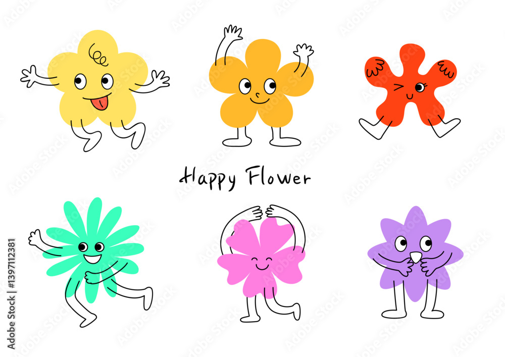 Fototapeta premium Flower icon illustration with various funny facial expressions 